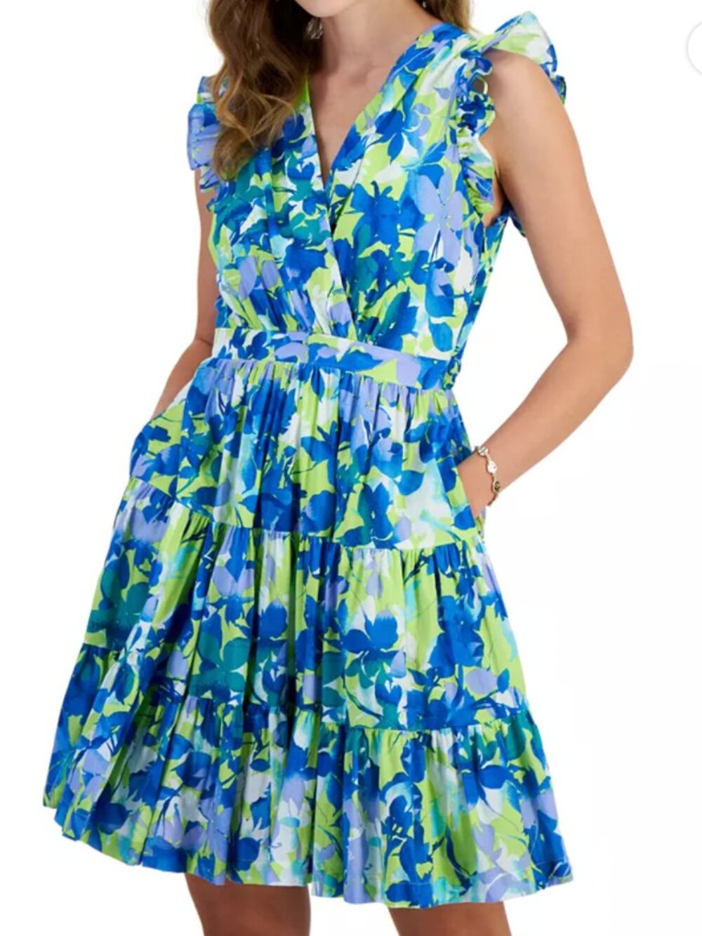 Taylor Floral Print Surplice Tiered A-Line Dress Ruffle Trim Women's Size S